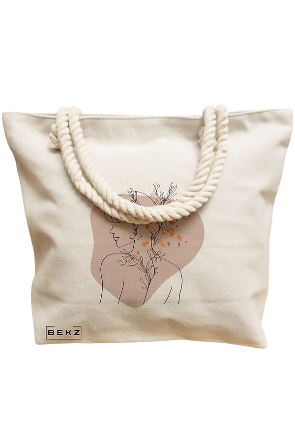 Geanta Canvas Tote pentru femei, model Flower Girl, 40x51 cm, Bej, BEKZ® 12 model Flower Girl