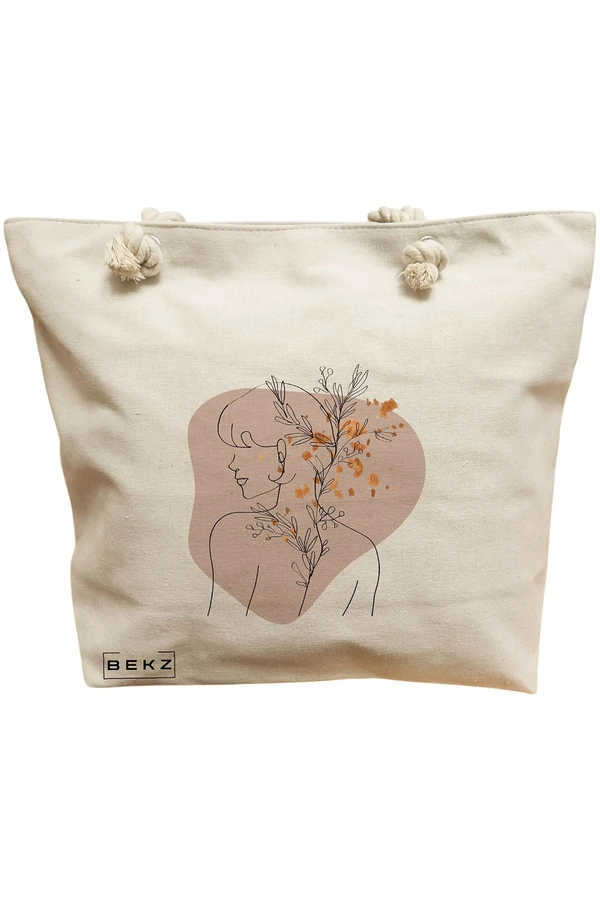 Geanta Canvas Tote pentru femei, model Flower Girl, 40x51 cm, Bej, BEKZ® 11 Geanta Canvas Tote pentru femei