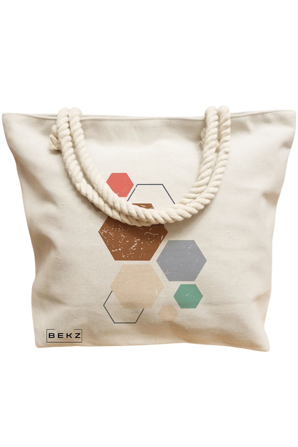 Geanta Canvas Tote pentru femei, model Hexagons Pattern, 40x51 cm, Bej, BEKZ® 12 model Hexagons Pattern