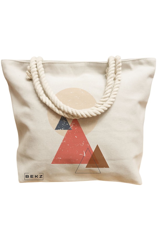 Geanta Canvas Tote pentru femei, model Triangles, 40x51 cm, Bej, BEKZ® 12 model Triangles