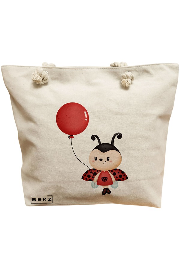 Geanta Canvas Tote pentru femei, model Ladybug, 40x51 cm, Bej, BEKZ® 11 Geanta Canvas Tote pentru femei