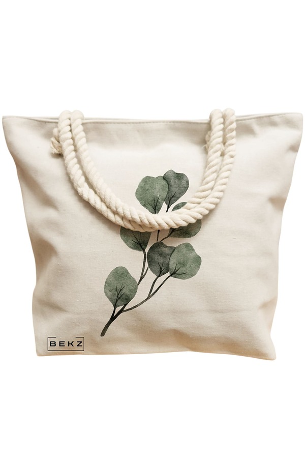 Geanta Canvas Tote pentru femei, model Watercolor Leaves, 40x51 cm, Bej, BEKZ® 12 model Watercolor Leaves