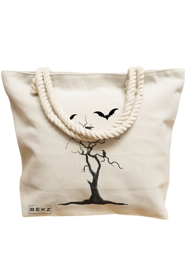 Geanta Canvas Tote pentru femei, model The Haunted Tree, 40x51 cm, Bej, BEKZ® 12 model The Haunted Tree