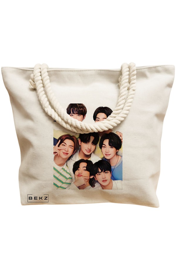 Geanta Canvas Tote pentru femei, model BTS Army 2, 40x51 cm, Bej, BEKZ® 12 model BTS Army 2