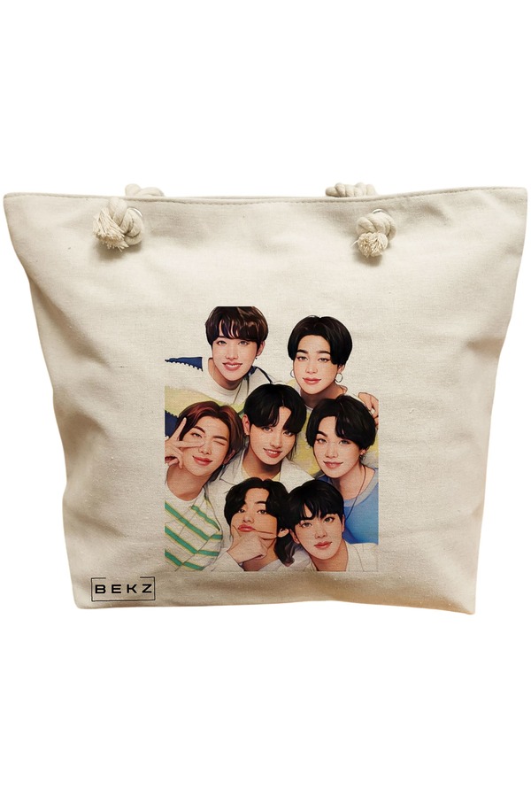 Geanta Canvas Tote pentru femei, model BTS Army 2, 40x51 cm, Bej, BEKZ® 11 Geanta Canvas Tote pentru femei