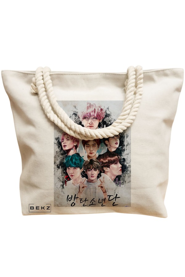 Geanta Canvas Tote pentru femei, model BTS Army 3, 40x51 cm, Bej, BEKZ® 12 model BTS Army 3