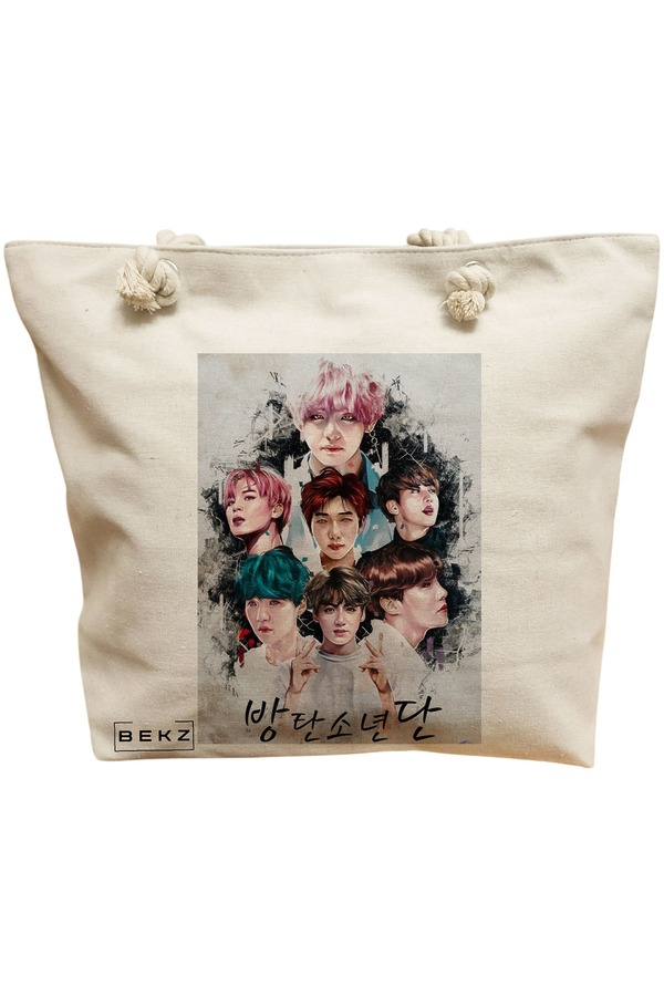 Geanta Canvas Tote pentru femei, model BTS Army 3, 40x51 cm, Bej, BEKZ® 11 Geanta Canvas Tote pentru femei