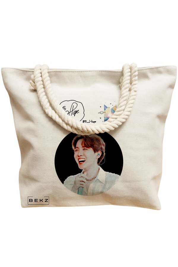 Geanta Canvas Tote pentru femei, model BTS J-Hope, 40x51 cm, Bej, BEKZ® 12 model BTS J-Hope