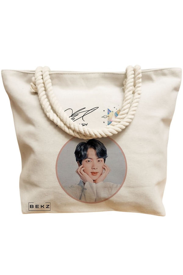 Geanta Canvas Tote pentru femei, model BTS Jin, 40x51 cm, Bej, BEKZ® 12 model BTS Jin