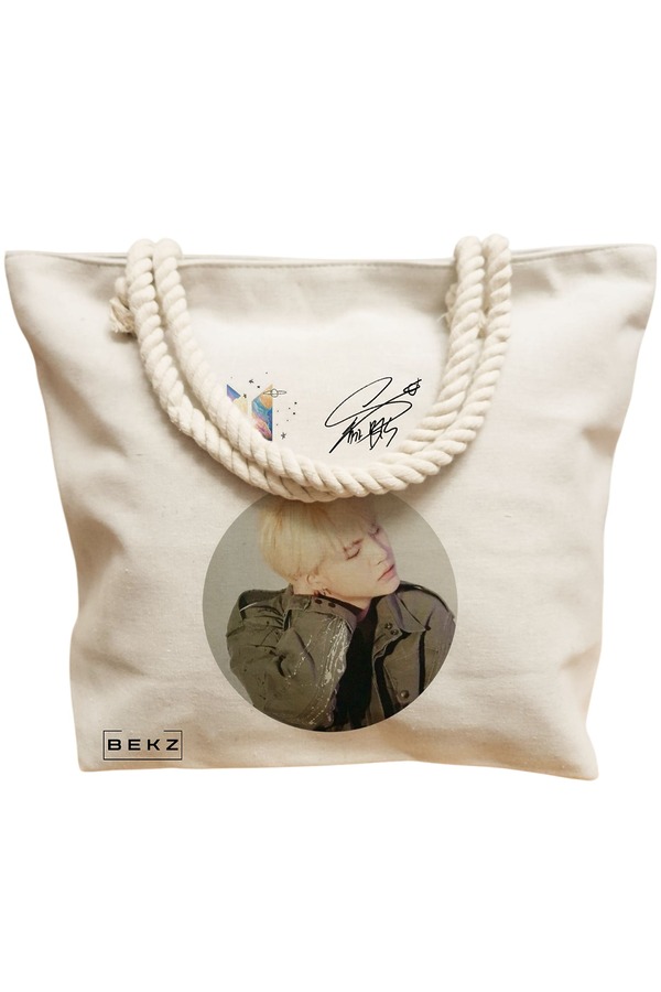 Geanta Canvas Tote pentru femei, model BTS Suga, 40x51 cm, Bej, BEKZ® 12 model BTS Suga