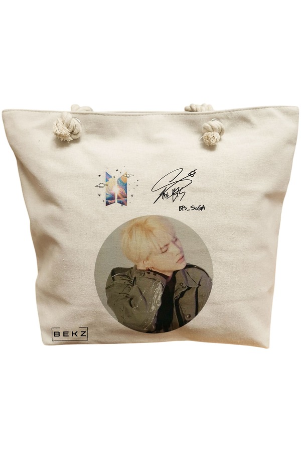 Geanta Canvas Tote pentru femei, model BTS Suga, 40x51 cm, Bej, BEKZ® 11 Geanta Canvas Tote pentru femei