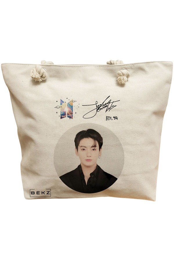 Geanta Canvas Tote pentru femei, model BTS Jungkook, 40x51 cm, Bej, BEKZ® 11 Geanta Canvas Tote pentru femei
