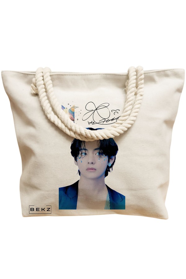 Geanta Canvas Tote pentru femei, model BTS V, 40x51 cm, Bej, BEKZ® 12 model BTS V