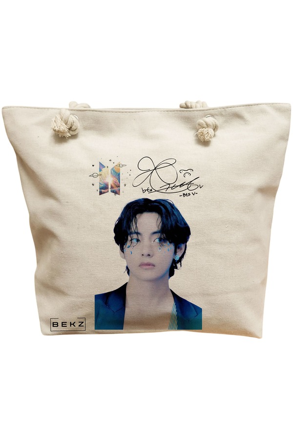 Geanta Canvas Tote pentru femei, model BTS V, 40x51 cm, Bej, BEKZ® 11 Geanta Canvas Tote pentru femei