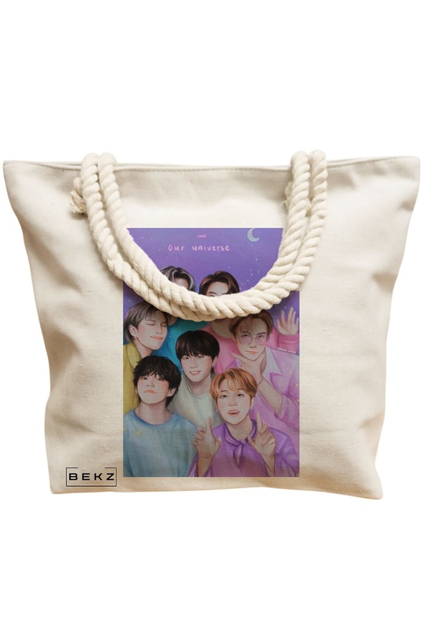 Geanta Canvas Tote pentru femei, model BTS Army 4, 40x51 cm, Bej, BEKZ® 11 model BTS Army 4