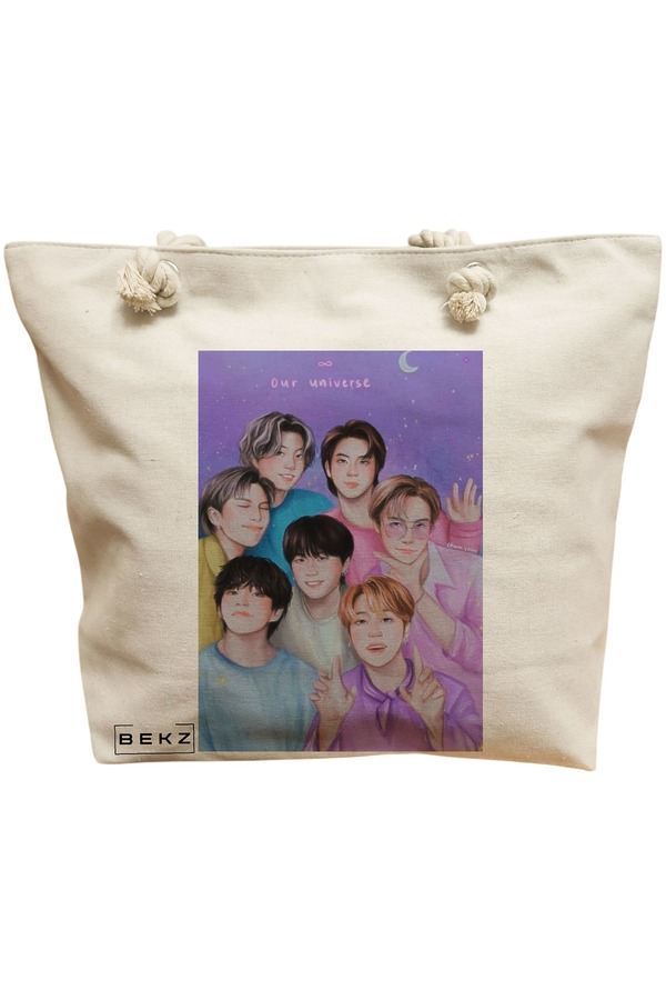 Geanta Canvas Tote pentru femei, model BTS Army 4, 40x51 cm, Bej, BEKZ® 12 Geanta Canvas Tote pentru femei