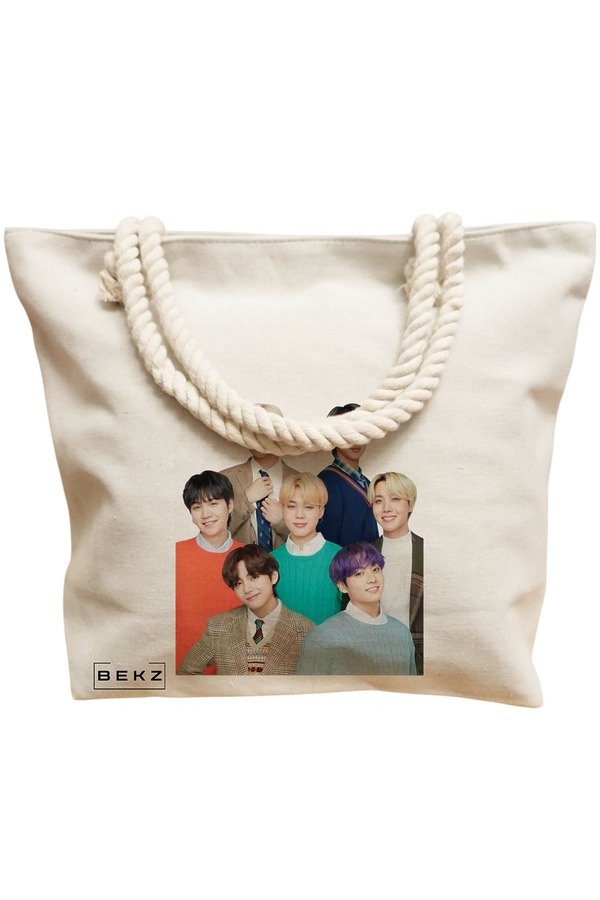 Geanta Canvas Tote pentru femei, model BTS Army 5, 40x51 cm, Bej, BEKZ® 12 model BTS Army 5
