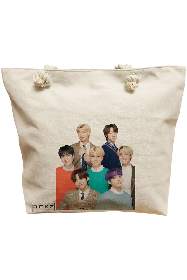 Geanta Canvas Tote pentru femei, model BTS Army 5, 40x51 cm, Bej, BEKZ® 11 Geanta Canvas Tote pentru femei