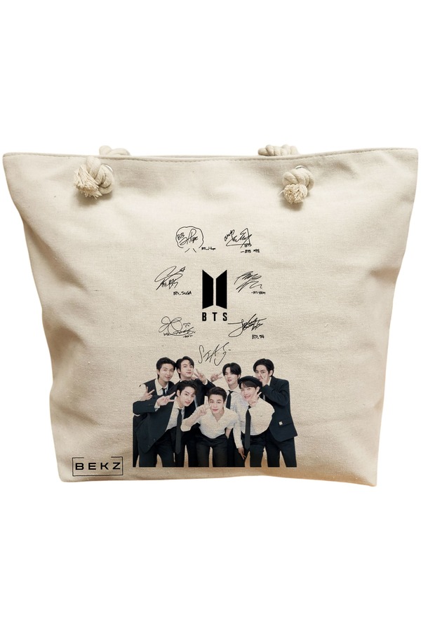Geanta Canvas Tote pentru femei, model BTS Army 6 cu semnaturii, 40x51 cm, Bej, BEKZ® 11 Geanta Canvas Tote pentru femei