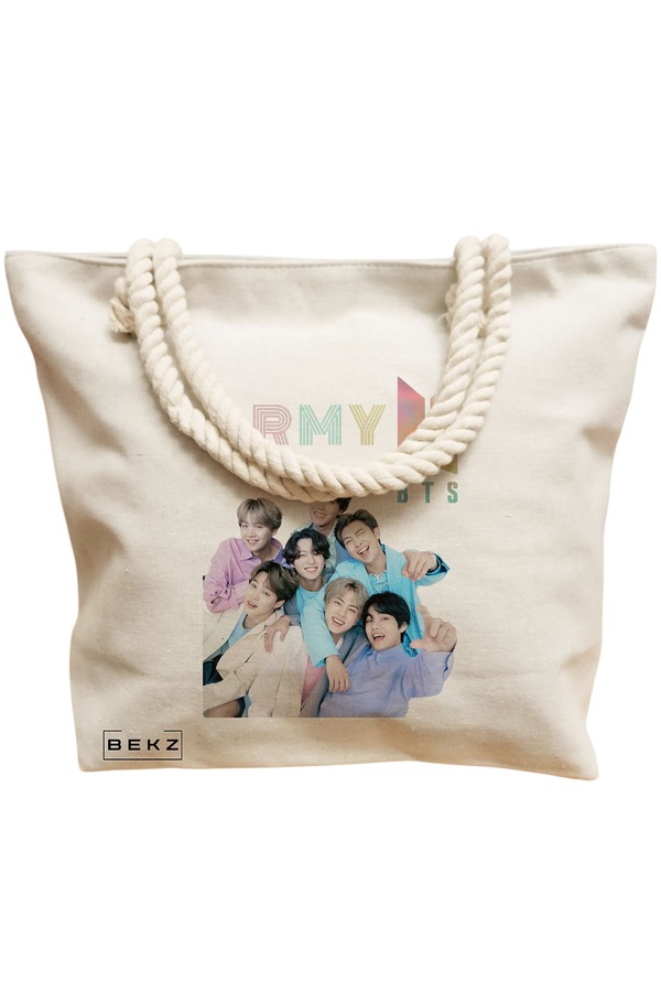 Geanta Canvas Tote pentru femei, model BTS Army 7, 40x51 cm, Bej, BEKZ® 12 model BTS Army 7