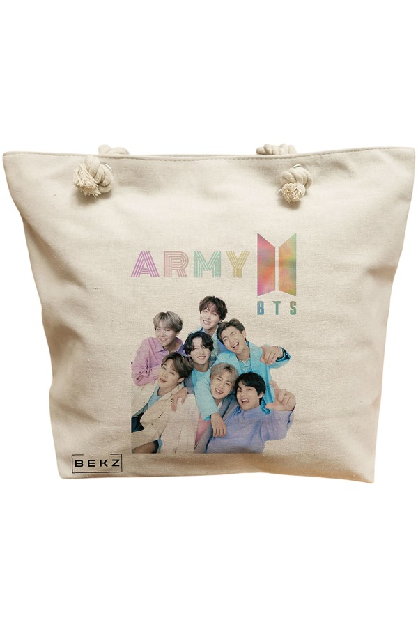Geanta Canvas Tote pentru femei, model BTS Army 7, 40x51 cm, Bej, BEKZ® 11 Geanta Canvas Tote pentru femei