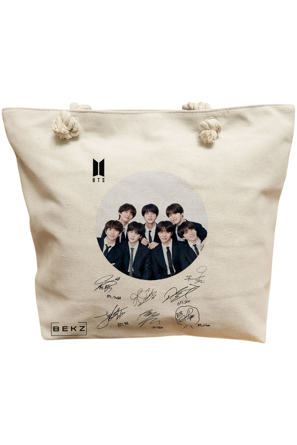 Geanta Canvas Tote pentru femei, model BTS Army 8 cu semnaturii, 40x51 cm, Bej, BEKZ® 11 Geanta Canvas Tote pentru femei
