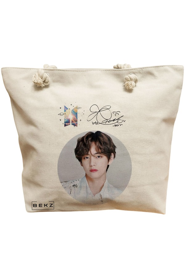 Geanta Canvas Tote pentru femei, model BTS V cu semnatura, 40x51 cm, Bej, BEKZ® 11 Geanta Canvas Tote pentru femei