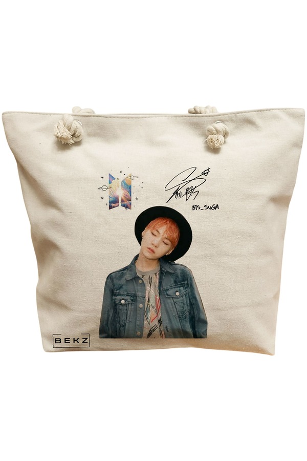 Geanta Canvas Tote pentru femei, model BTS Suga 2, 40x51 cm, Bej, BEKZ® 11 Geanta Canvas Tote pentru femei
