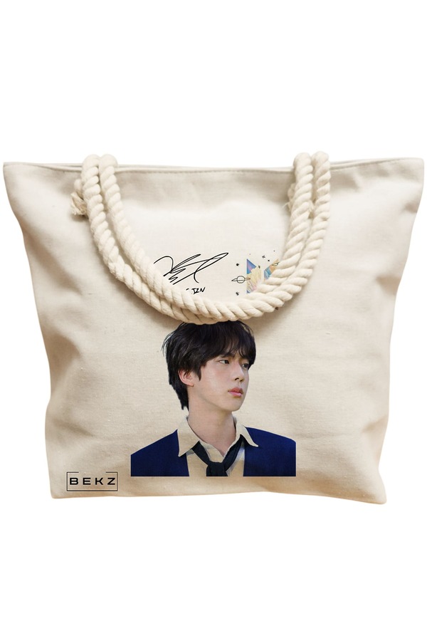 Geanta Canvas Tote pentru femei, model BTS Jin 2, 40x51 cm, Bej, BEKZ® 12 model BTS Jin 2