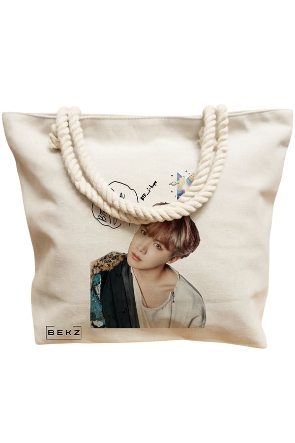 Geanta Canvas Tote pentru femei, model BTS J-Hope 2, 40x51 cm, Bej, BEKZ® 12 model BTS J-Hope 2
