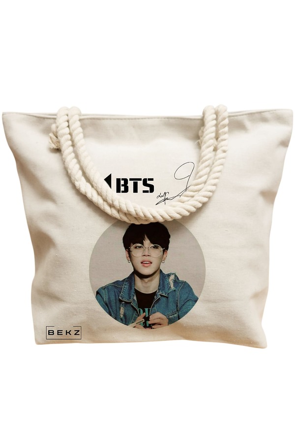 Geanta Canvas Tote pentru femei, model BTS Jimin cu semnatura, 40x51 cm, Bej, BEKZ® 12 model BTS Jimin cu semnatura