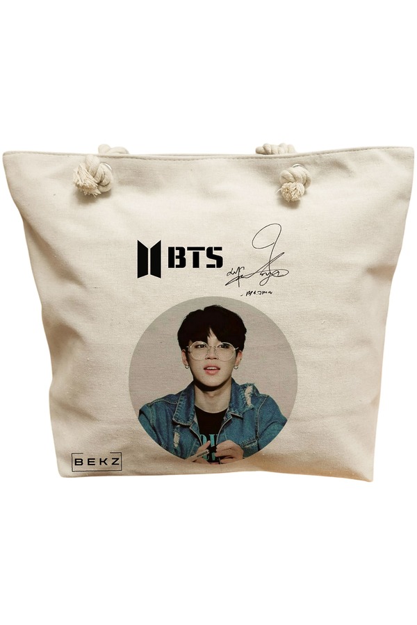 Geanta Canvas Tote pentru femei, model BTS Jimin cu semnatura, 40x51 cm, Bej, BEKZ® 11 Geanta Canvas Tote pentru femei