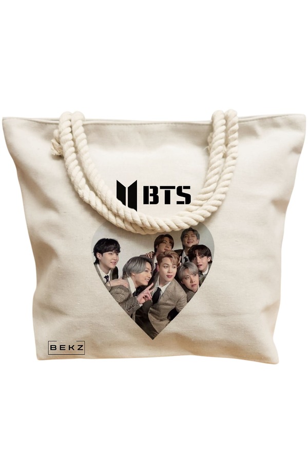 Geanta Canvas Tote pentru femei, model BTS Army 10, 40x51 cm, Bej, BEKZ® 12 model BTS Army 10