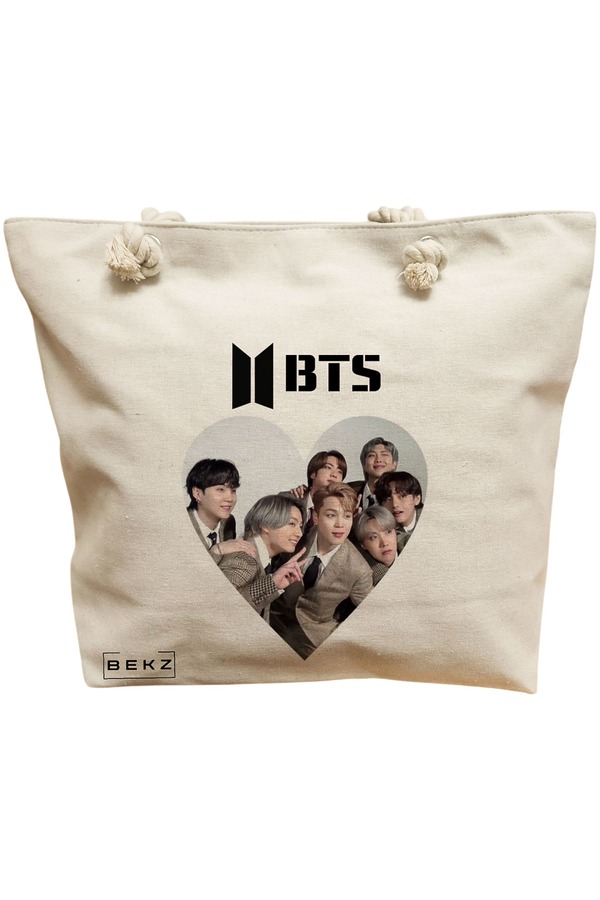 Geanta Canvas Tote pentru femei, model BTS Army 10, 40x51 cm, Bej, BEKZ® 11 Geanta Canvas Tote pentru femei