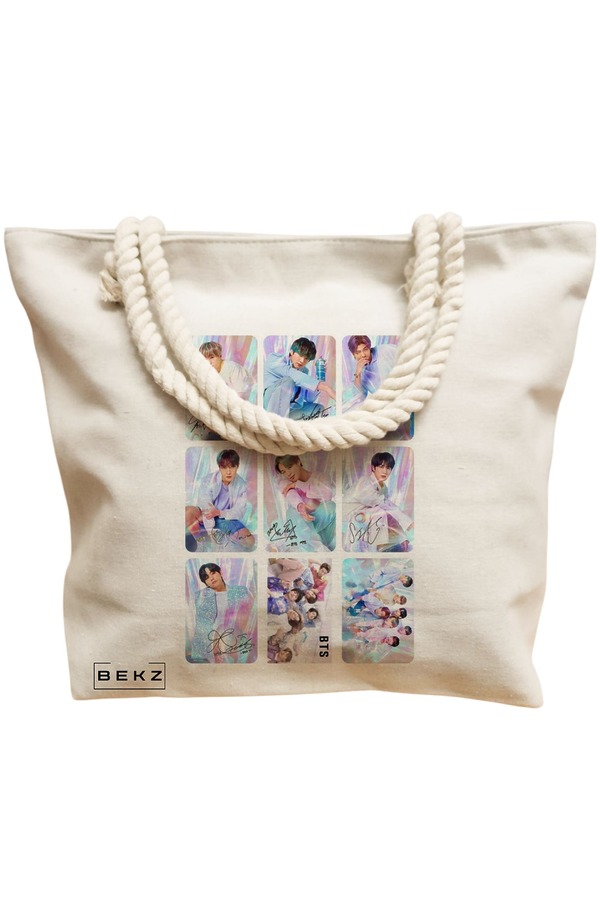 Geanta Canvas Tote pentru femei, model BTS Army 11, 40x51 cm, Bej, BEKZ® 12 model BTS Army 11