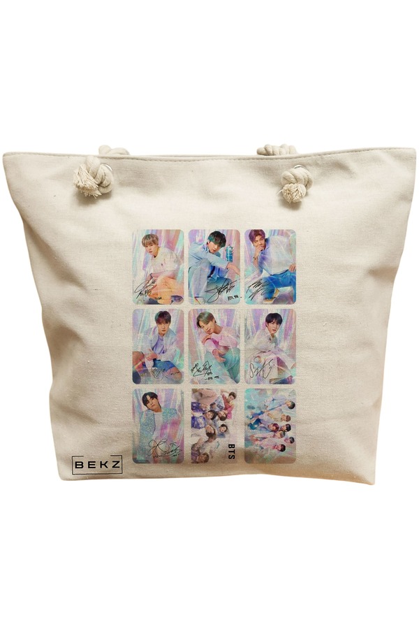 Geanta Canvas Tote pentru femei, model BTS Army 11, 40x51 cm, Bej, BEKZ® 11 Geanta Canvas Tote pentru femei