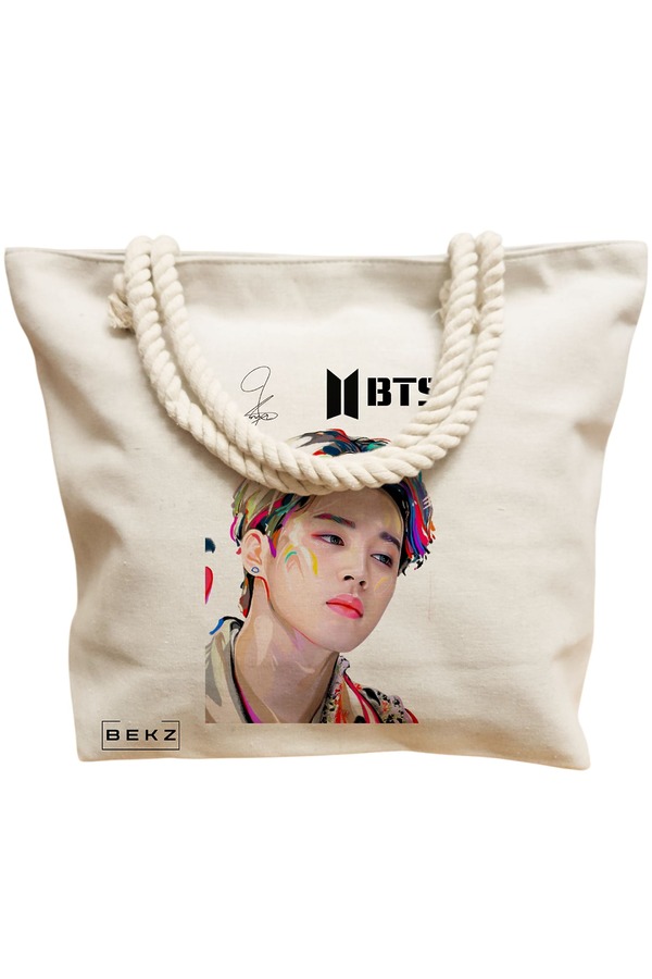 Geanta Canvas Tote pentru femei, model BTS Jimin cu semnatura 3, 40x51 cm, Bej, BEKZ® 12 model BTS Jimin cu semnatura 3