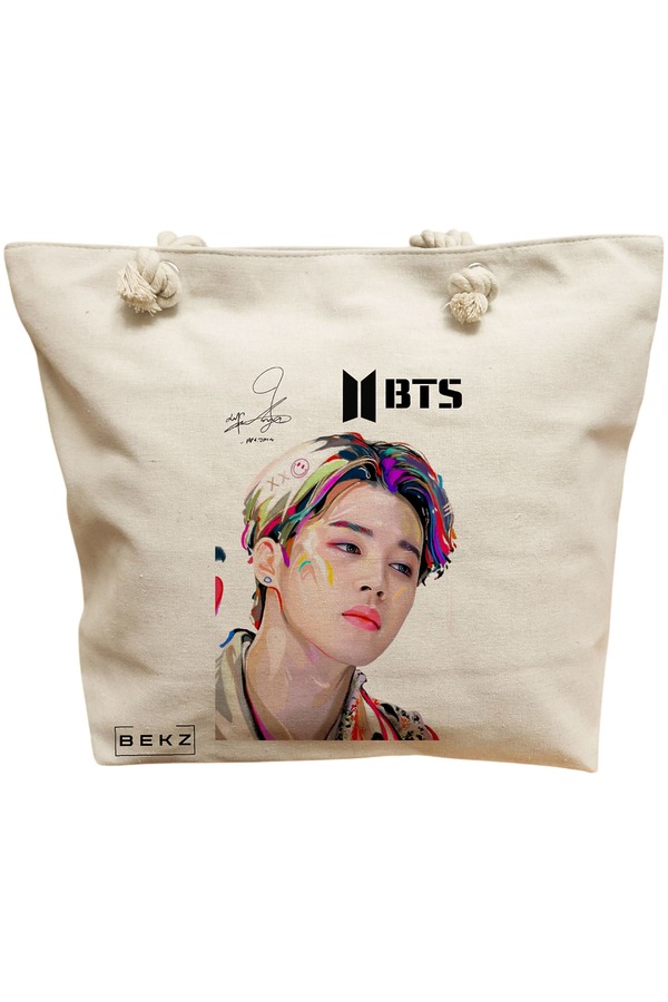 Geanta Canvas Tote pentru femei, model BTS Jimin cu semnatura 3, 40x51 cm, Bej, BEKZ® 11 Geanta Canvas Tote pentru femei