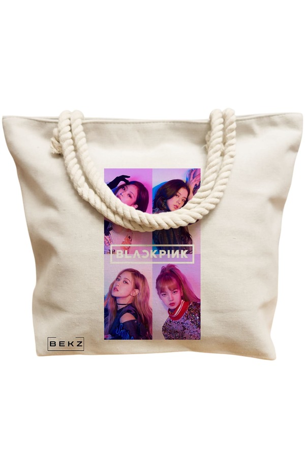 Geanta Canvas Tote pentru femei, model Blackpink 2, 40x51 cm, Bej, BEKZ® 12 model Blackpink 2