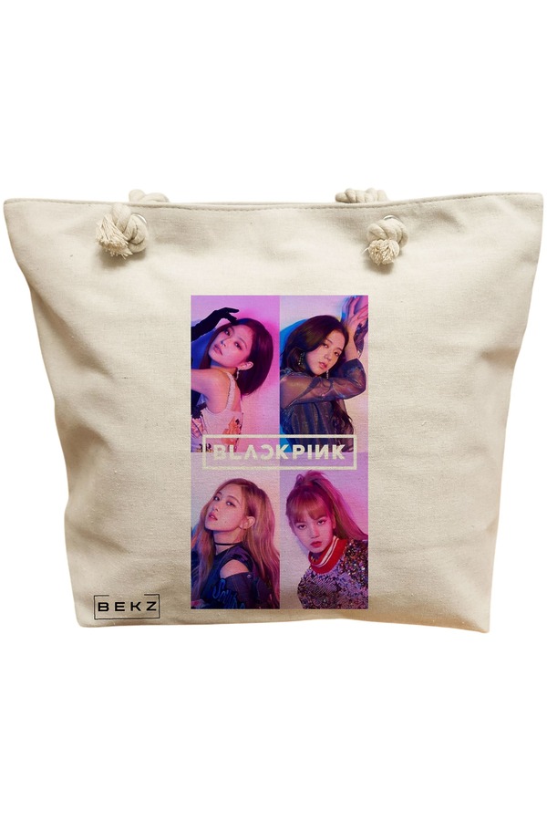 Geanta Canvas Tote pentru femei, model Blackpink 2, 40x51 cm, Bej, BEKZ® 11 Geanta Canvas Tote pentru femei