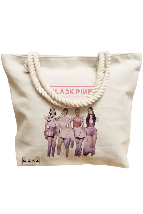 Geanta Canvas Tote pentru femei, model Blackpink 3, 40x51 cm, Bej, BEKZ® 12 model Blackpink 3