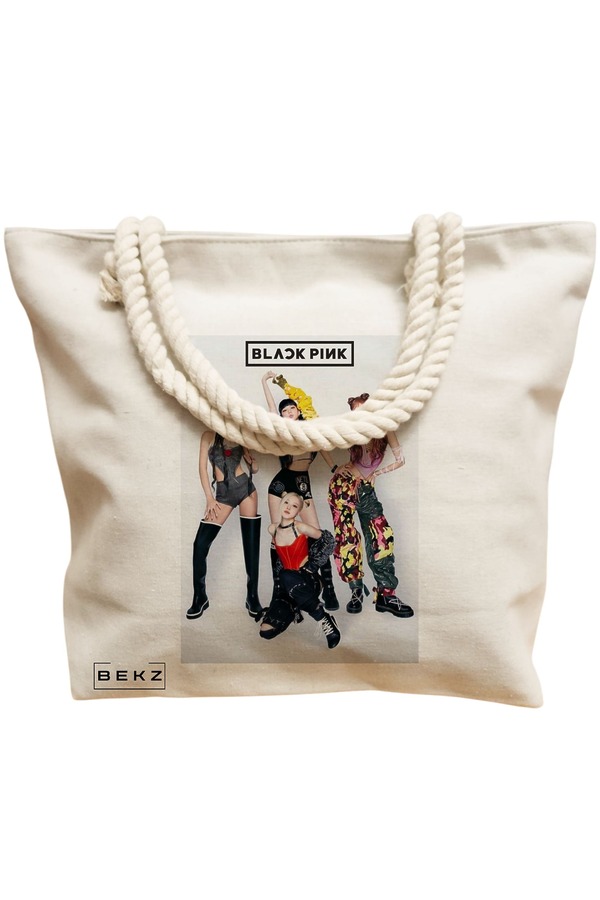 Geanta Canvas Tote pentru femei, model Blackpink 4, 40x51 cm, Bej, BEKZ® 12 model Blackpink 4