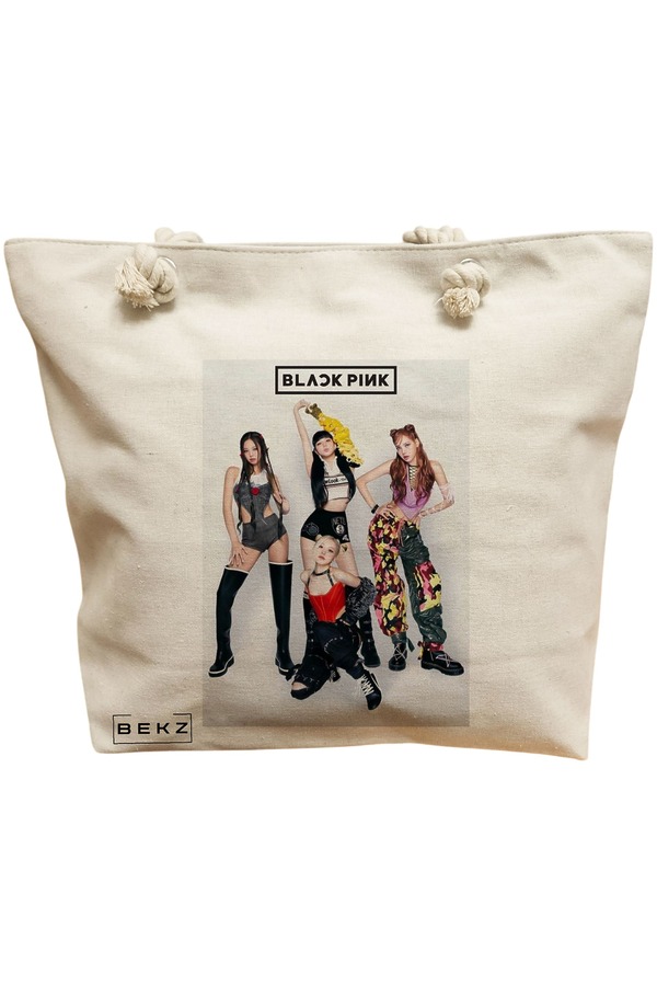 Geanta Canvas Tote pentru femei, model Blackpink 4, 40x51 cm, Bej, BEKZ® 11 Geanta Canvas Tote pentru femei