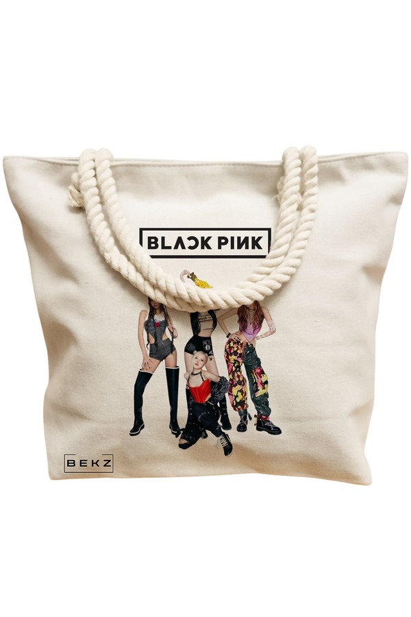 Geanta Canvas Tote pentru femei, model Blackpink 5, 40x51 cm, Bej, BEKZ® 12 model Blackpink 5