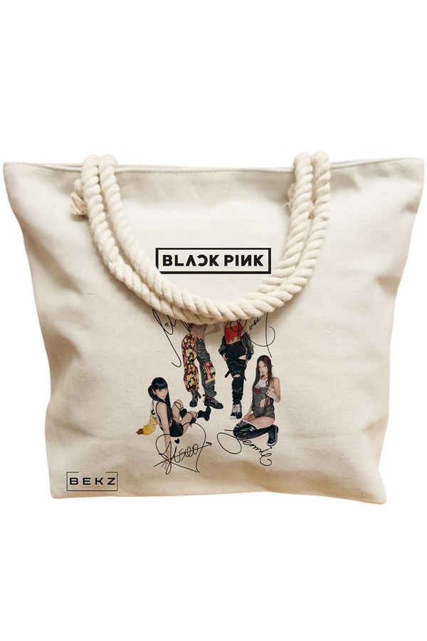 Geanta Canvas Tote pentru femei, model Blackpink 6 cu semnaturii, 40x51 cm, Bej, BEKZ® 11 model Blackpink 6 cu semnaturii