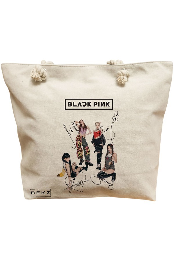 Geanta Canvas Tote pentru femei, model Blackpink 6 cu semnaturii, 40x51 cm, Bej, BEKZ® 12 Geanta Canvas Tote pentru femei