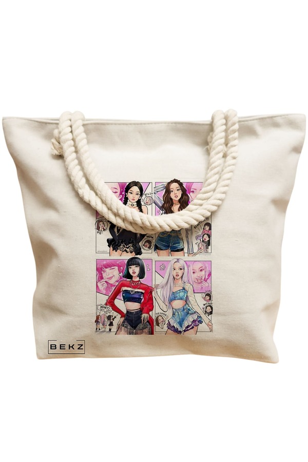 Geanta Canvas Tote pentru femei, model Blackpink 7, 40x51 cm, Bej, BEKZ® 12 model Blackpink 7