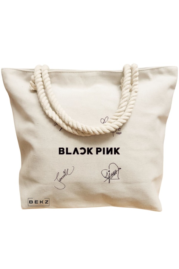 Geanta Canvas Tote pentru femei, model Blackpink 8 cu semnaturii, 40x51 cm, Bej, BEKZ® 12 model Blackpink 8 cu semnaturii
