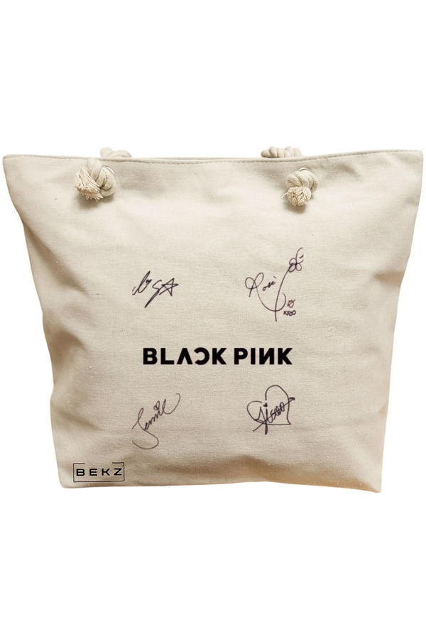 Geanta Canvas Tote pentru femei, model Blackpink 8 cu semnaturii, 40x51 cm, Bej, BEKZ® 11 Geanta Canvas Tote pentru femei