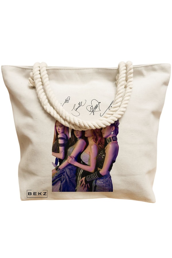 Geanta Canvas Tote pentru femei, model Blackpink 9 cu semnaturii, 40x51 cm, Bej, BEKZ® 12 model Blackpink 9 cu semnaturii